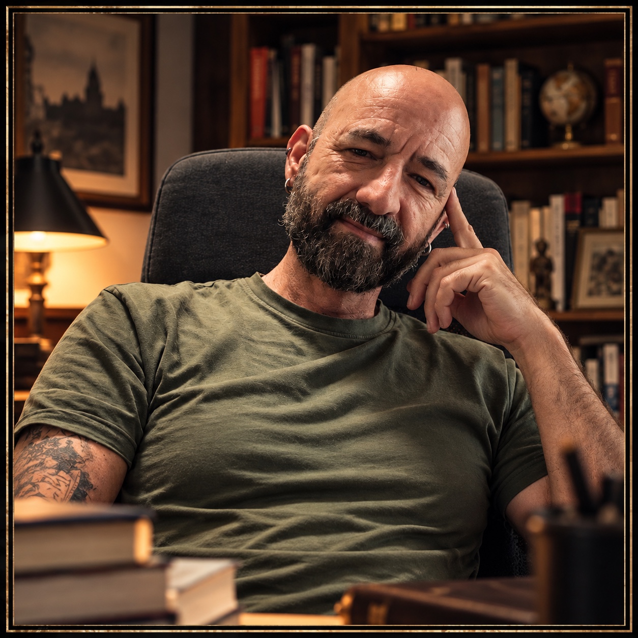 Diego López Ruiz, sentado ante una biblioteca